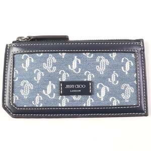 JIMMY CHOO Casey JC Monogram Denim Leather Wallet/Coin Case, Navy, Box and Du...